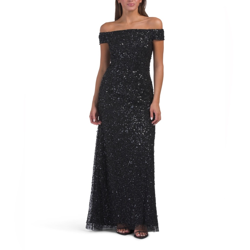 ADRIANNA PAPELL BLACK SEQUINS OFF THE SHOULDER MAXI GOWN